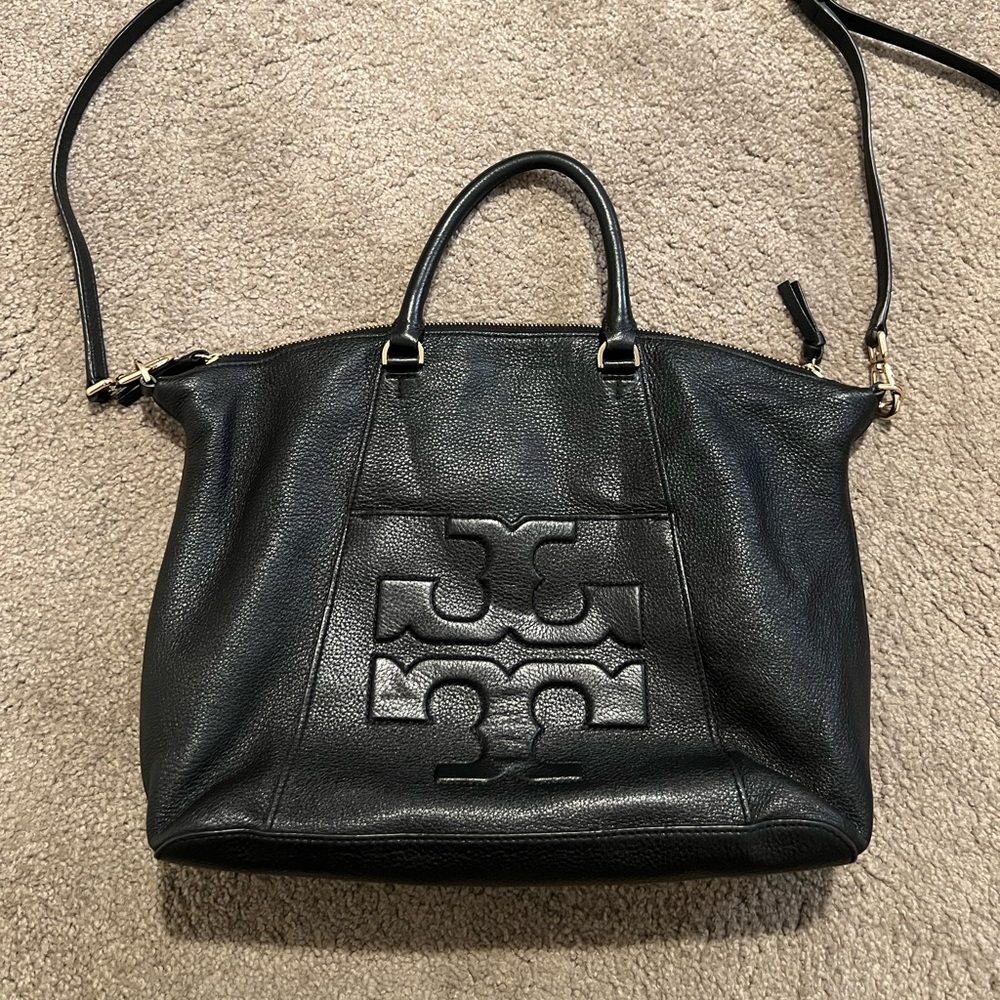 Tory Burch slouchy satchel crossbody- black leather with logo detail